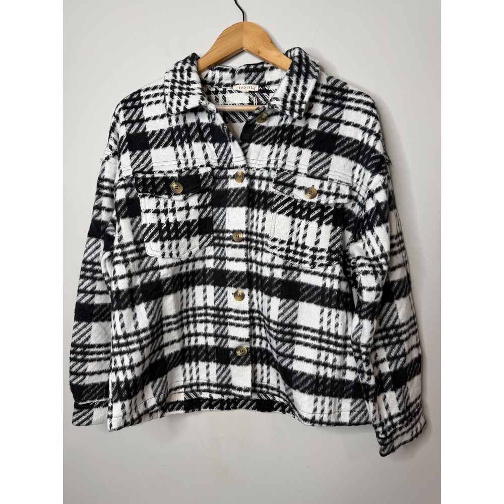 Jodifl Black White Plaid Shacket Womens Medium Button Front Shirt Jacket